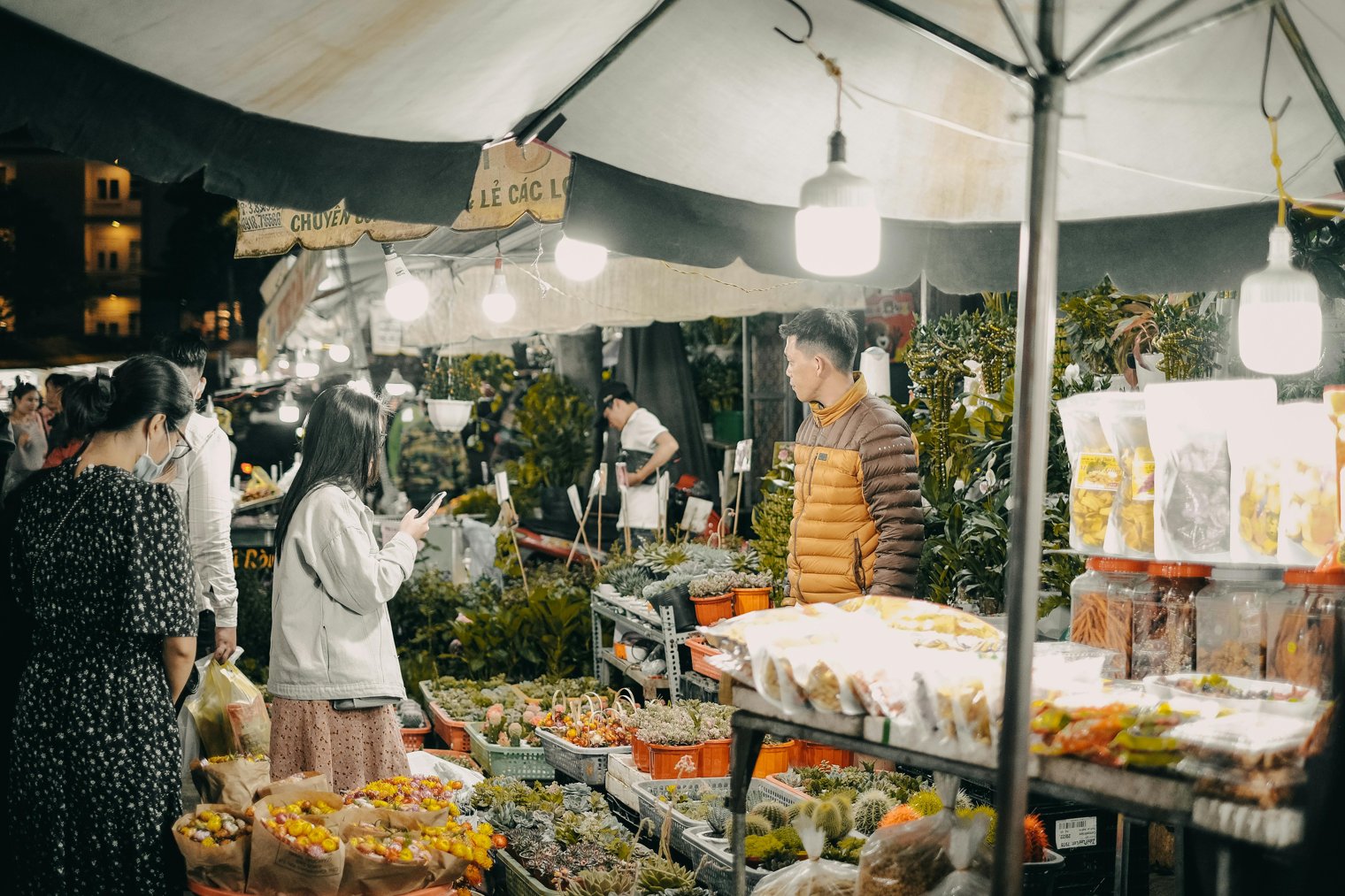 Walking Through a Crowded Street Market Just Before Sunset