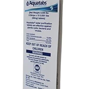 Aquatabs 49mg Water Purification Tablets (50 Pack). Water Filtration System for Hiking, Backpacking, Camping, Emergencies, Survival, and Home-Use. Easy to Use Treatment and Disinfection.