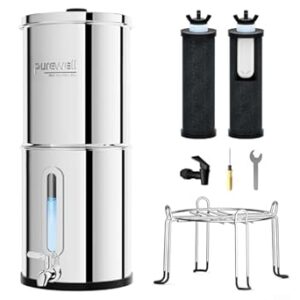 Purewell 2.25G Gravity Water Filter System with Water Level Window, 3-Stage 0.01μm Ultra-Filtration Stainless Steel Countertop System with 2 Filters and Stand, Reduce 99% Chlorine, PW-KS