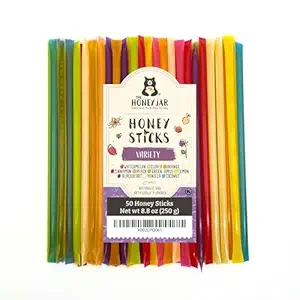 The Honey Jar Variety Pack Honey Sticks - Pure Honey Straws For Tea, Coffee, or a Healthy Treat - One Teaspoon of Flavored Honey Per Stick - Made In The USA with Real Honey - (50 Count)
