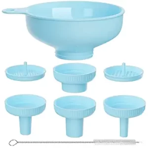 Wide Mouth Versatile Funnel, Canning Funnels for Kitchen Use, Food Grade Plastic Cooking Funnel Set with 4 Size Spouts and 2 Strainers for Filling Different Bottles and Bags, Blue