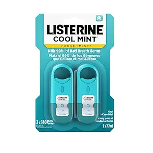 Listerine Cool Mint Pocketmist, Oral Care Mist for Fresh Breath, Non-Aerosol Sugar-Free Bad Breath Refresher Spray to Kill 99% of Bad Breath Germs, Portable, Cool Mint Flavor, 2 Sprays