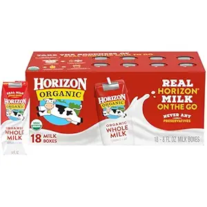 Horizon Organic Shelf Stable Whole Milk Boxes, USDA Certified Organic UHT Milk from Pasture-Raised Cows, No Refrigeration Required, 8 fl oz, 18 Count