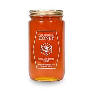 100% Authentic, USA - Made Raw Unfiltered Honey, Made by Pure Southern Honey [ 1 lb] - Unheated - Non - GMO, No Additives, All - Natural Sweetener- Environmental-Friendly Glass Jar