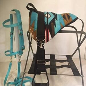 Miniature Horse/SM Pony Childrens Bareback Saddle PAD Set with BITLESS Bridle - Cinch Upgrade - Turquoise Indian Native Set
