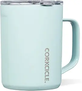 Corkcicle Triple Insulated Coffee Mug with Lid and Handle, Powder Blue, 16 oz – Stainless Steel Travel Mug Keeps Beverages Hot for 3+ Hours – Non-Slip, Easy-Grip, Spill-Resistant Tumbler