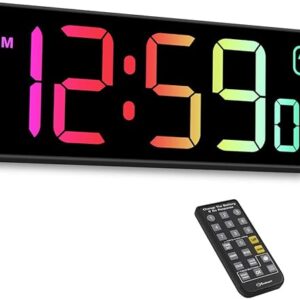 Soobest Digital Wall Clock with Remote Countdown Electrical Timer Seconds for Gym Living Room Office Classroom, 8 RGB Colors, Auto DST, Corded Plug in Digital Clock Large Display 5 Dimmer