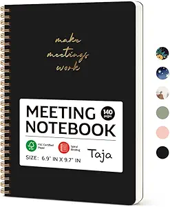 Taja Meeting Notebook for Work Organization - Work notebook with action items, Meeting Minutes Planner Notebook, Perfect Office Supplies for Men & Women - Black