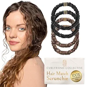 Mulberry Silk Skinny Hair Match Scrunchies for Women, Anti-Breakage Hair Ties for Curly, Thick & Thin Hair, 100% Silk, Satin Hair Scrunchies for Buns & Ponytails, Brown/Medium/Deep Brunette, 4-Pack