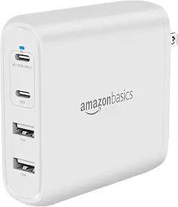 Amazon Basics 100W Four-Port GaN Wall Charger w/ 2 USB-C (100W,18W) & 2 USB-A Ports (12W) w/PD for Laptops, Tablets & Phones (iPhone 16/15/14/13/12/11/X, iPad, Mac, Samsung, and More), Non-PPS, White