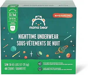 Amazon Brand - Mama Bear Boy's Nighttime Underwear for Bedwetting, Overnight Protection, Hypoallergenic, Size S/M (38-65 lbs), 44 Count, White
