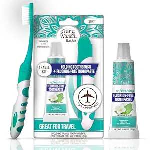 GuruNanda Folding Toothbrush with Built-in Cover & Toothpaste with Hydroxyapatite, Perfect for Travel, Compact & Portable, On-The-go - Soft Bristles & Ergonomic Handle, for Adults & Kids (1 Count)