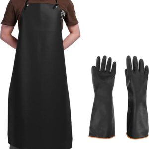DaKuan Heavy Duty PU Apron & Latex Gloves, Waterproof Resist Strong Acid, Alkali and Oil Apron & Gloves Best for Staying Dry When Dishwashing, Lab Work, Butcher