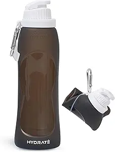 HYDRATE Collapsible Water Bottles for Travel - 17oz Foldable Pocket Bottle - Portable, Flexible, Compact Roll Up Bottles with Carabiner - Refillable Pouch for Hot and Cold Drinks (Black)