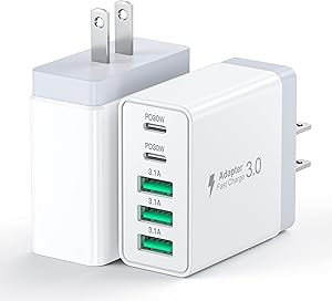 [2-Pack] 60W USB C Wall Charger,5-Port Fast USB C Charging Block 30W Type C Power Adapter,2USB C+3USB A Multiport Charging Cube USB A Wall Plug for iPhone 16/15/14 Pro Max Plus, MacBook,Samsung Galaxy