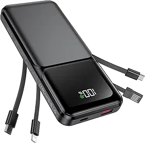 Portable Charger with Built in Cable - 20000mAh Fast Charging 22.5W Slim Power Bank USB C LED Display Travel Battery Pack 5 Outputs & 3 Inputs for iPhone Samsung Android iPad Phones Tablets etc