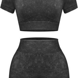 OLCHEE Womens Workout Sets 2 Piece - Seamless Acid Wash Yoga Outfits Shorts and Crop Top Matching Gym Athletic Clothing Set