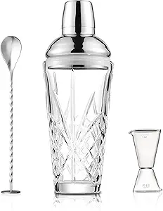 Glass Cocktail Shaker Set with Built-in Strainer, 18.5oz Thickened Cutting Design Shaker, Unique Glass Jigger & Bar Spoon with Muddler – Bartender Kit for Martinis, Home Bar, Gifts for Men & Women.