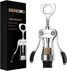 Beneno Wine Opener, Zinc Alloy Premium Wing Corkscrew with Multifunctional Bottles Opener, Sharp Wine Corkscrew with Ergonomic Non-Slip Wing Handle, Upgrade