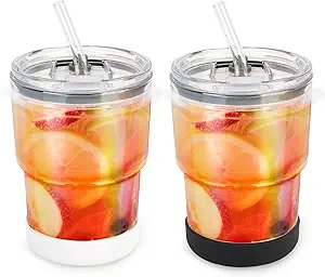 13 oz Glass Water Tumbler with Straw and Lid, 2 Pack Glass Water Cup With Silicone Bumper, Sealed Carry-On Thick Wall Drinking Cups for Iced Coffee, Iced Tea, Fruit Juice (Aurora-White,Black)