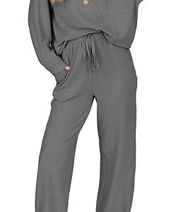 SHEWIN Women's 2 Piece Outfits Waffle Knit Lounge Sets Casual Long Sleeve Pullover Drawstring Jogger Pants Tracksuit Set