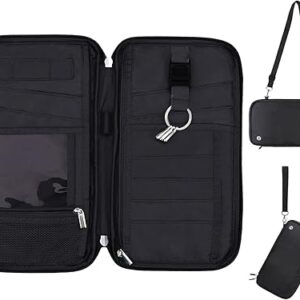 WALNEW RFID Family Passport Holder Wallet with Tracker/AirTag Holder, Travel Document Organizer Zipper Pouch with Wristlet and Cross Body Straps for Women Men