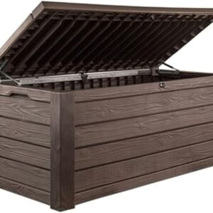 Keter Outdoor Storage Deck Box, 150 Gallon Resin Patio Bin & Bench, Wood Grain, Brown