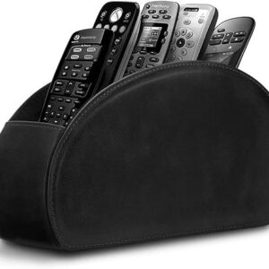 Leather Remote Control Holder with 5 Compartments TV Remote Caddy Storage Box/Tray,Desktop Organizer Store Controller,Glasses,Brush,Media Player,Pen,Space Saver for Bedside Table/Office Desk(Black)