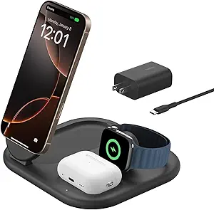 Belkin 3-in-1 MagSafe-Compatible iPhone Charger 15W, Foldable Magnetic Qi2-Certified Wireless Charging Station for iPhone 16, Apple Watch Series 10, AirPods 4, and More, w/Non-Slip Base & PSU - Black