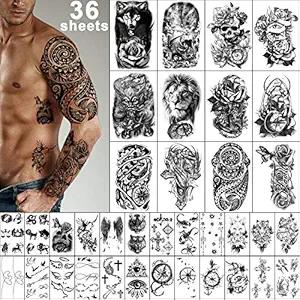 Yazhiji 36 Sheets Temporary Tattoos Stickers, 12 Sheets Fake Body Arm Chest Shoulder Tattoos for Men or Women with 24 Sheets Tiny Black Tattoos