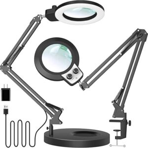 KIRKAS 10X Magnifying Glass with Light and Stand, Any Color Modes & Stepless Brightness LED Magnifying Lamp with Clamp, 2-in-1 Magnifier Glass Lens Desk Lamp for Crafts Hobby Reading Close Work