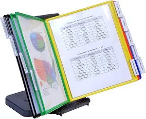 Ultimate Office AdjustaView 10-Pocket Desk Reference Organizer with Easy-Load Pockets and Compact Weighted Base for Maximum Stability (Colored Pockets)