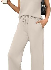 Saloogoe Two Piece Sets for Women Summer Outfits Lounge Sets V Neck Tops Wide Leg Pants Woman Vacation Travel Outfits