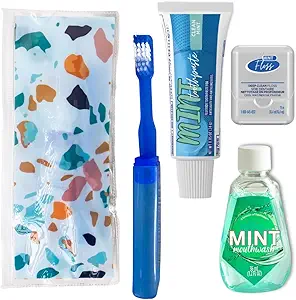 Dental Travel Kit with Toothbrush, Travel Sized Toothpaste, Mouthwash and Floss in a Reusable Zipper Pouch (TSA Approved)