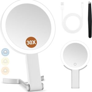 MIYADIVA Magnifying Mirror with Light, Double Sided 30X/1X Lighted Travel Makeup Mirror with Magnification, 3 Color Lighting, Dimmable Touch Screen, Adjustable & Foldable Hand Mirror (White)