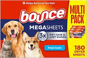 Bounce Pet Hair and Lint Guard Mega Fabric Softener Dryer Sheets with 3X Pet Hair Fighters, Fresh Scent, 180 Count, Bounce Dryer Sheets, Laundry Sheets, Mega Sheet