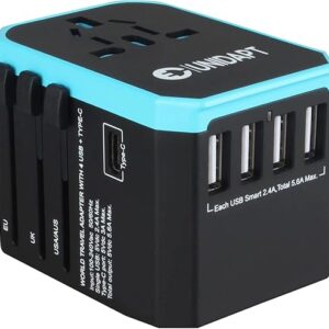 Unidapt Universal Travel Adapter, European Travel Plug Adapter - International Power Adapter Worldwide Charger with USB-C & 4 USB Ports, Travel Essentials for Italy, Japan, Europe, UK (UA-101, Blue)