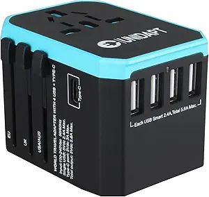 Unidapt Universal Travel Adapter, European Travel Plug Adapter - International Power Adapter Worldwide Charger with USB-C & 4 USB Ports, Travel Essentials for Italy, Japan, Europe, UK (UA-101, Blue)