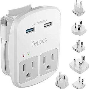 Ceptics Universal Travel Adapter Kit – 2 USA sockets, 2 USB-A (1x QC 3.0) and USB-C cable, Surge Protected, Plugs for EU, UK, China, AU, Japan - Use with Laptop, Phones, Cameras - ETL Tested