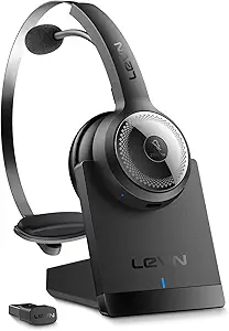 LEVN Wireless Headset with Mic for Work, Wireless Headphones with Mic (AI Noise Cancellation) & Charging Base, 45 Hours Talk Time, Perfect for Work from Home/Office/Call Center/PC/Laptop/Zoom, Black
