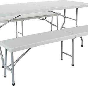Office Star Resin Furniture for Indoor or Outdoor Use, 3-Piece Set, 2 Folding Benches and 6 Foot Table
