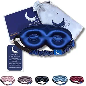 Sleep Mask with Deep Eye Cups, 100% Mulberry Silk, Total Blackout, Adjustable Strap, Luxury Eye Mask for Beauty Rest for Men and Women -Navy