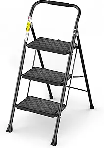HBTower 3 Step Ladder, 3 Step Stool for Adults, 3 Step Ladder Folding Step Stool with Cushioned Handle Step Ladder with Wide Pedal Ergonomic Design,Black