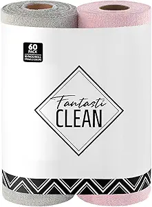 Fantasticlean Microfiber Cleaning Cloth Roll -60 Pack, Tear Away Microfiber Towels, 12" x 12", Reusable, Washable, Scratch Free, Ultra Absorbent Dish Rags for Car, Home, Garage or Shop (Pink & Grey)