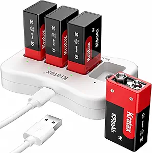 9v Rechargeable Batteries kratax 4 Pack 850mAh high Capacity Rechargeable 9 Volt Lithium-ion Batteries with Fast Charger, 1000 Cycles Long-Lasting for Smoke Alarms Guitar Multimeter