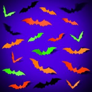 LOLStar 72PCS Glow Halloween Bats Decoration, 4 Different Size Glow in The Dark Party Supplies, Fluorescent 3D Paper Bat Stickers for Neon Party Decor DIY Wall Decal Indoor, Glow Halloween Party decor