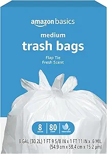 Amazon Basics 8 Gallon Flap Tie Trash Bags, 80 Count Fresh Scent
