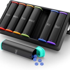 Weekly Pill Organizer 2 Times a Day, KOVIUU Large Travel Pill Box 7 Day, Am Pm Twice Daily Pill Case with Rotatable Handle, Week Pill Holder Container for Vitamin Medicine Supplement Fish Oil, Black
