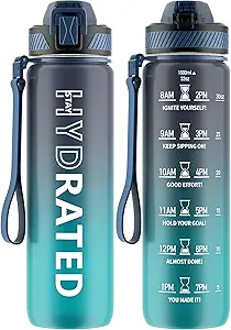 Water Bottle with Straw, 32oz Motivational Water Bottles with Time Marker to Drink, Tritan BPA Free, 1L Sports Water Bottle with Carry Strap LeakProof for Women Gym Fitness Outdoor (1 Pack)