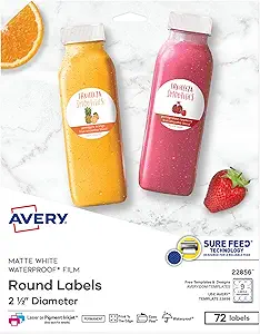 Avery Durable Waterproof Round Labels with Sure Feed Technology, 2.5" Diameter, White, Laser or Pigment-Inkjet Printer, 72 Customizable Blank Labels (22856)